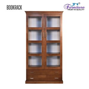 Vibe 2 Door Glass Bookrack with Drawer Rubberwood Walnut