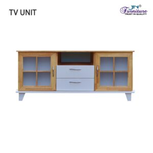 Tresor TV Unit Glass Door and Drawer Unit Rubberwood White and Natural