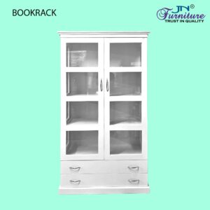 Fusion 2 Door Glass Book Rack with Drawers Rubberwood White