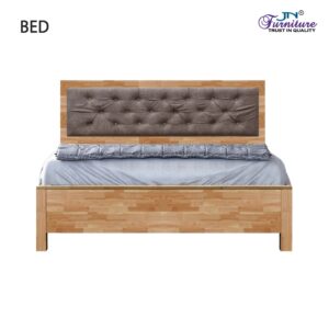 Solis Queen Size Bed Box Storage with Headrest Cushion Rubberwood Natural