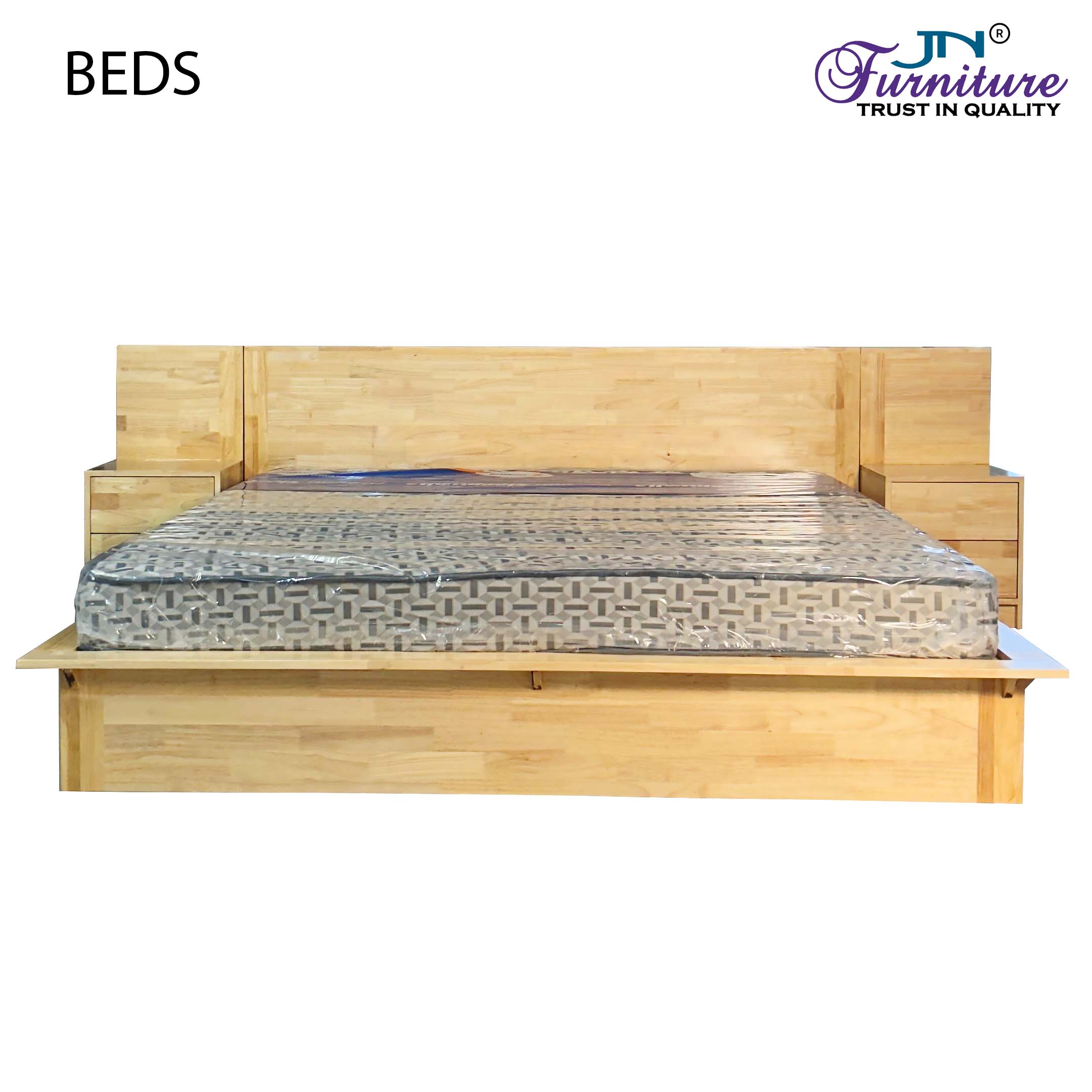 BD4 Lynor King Size Bed with Headrest & Dual Bed Side Table Rubberwood Natural - JN Furniture bed in Jaigaon
