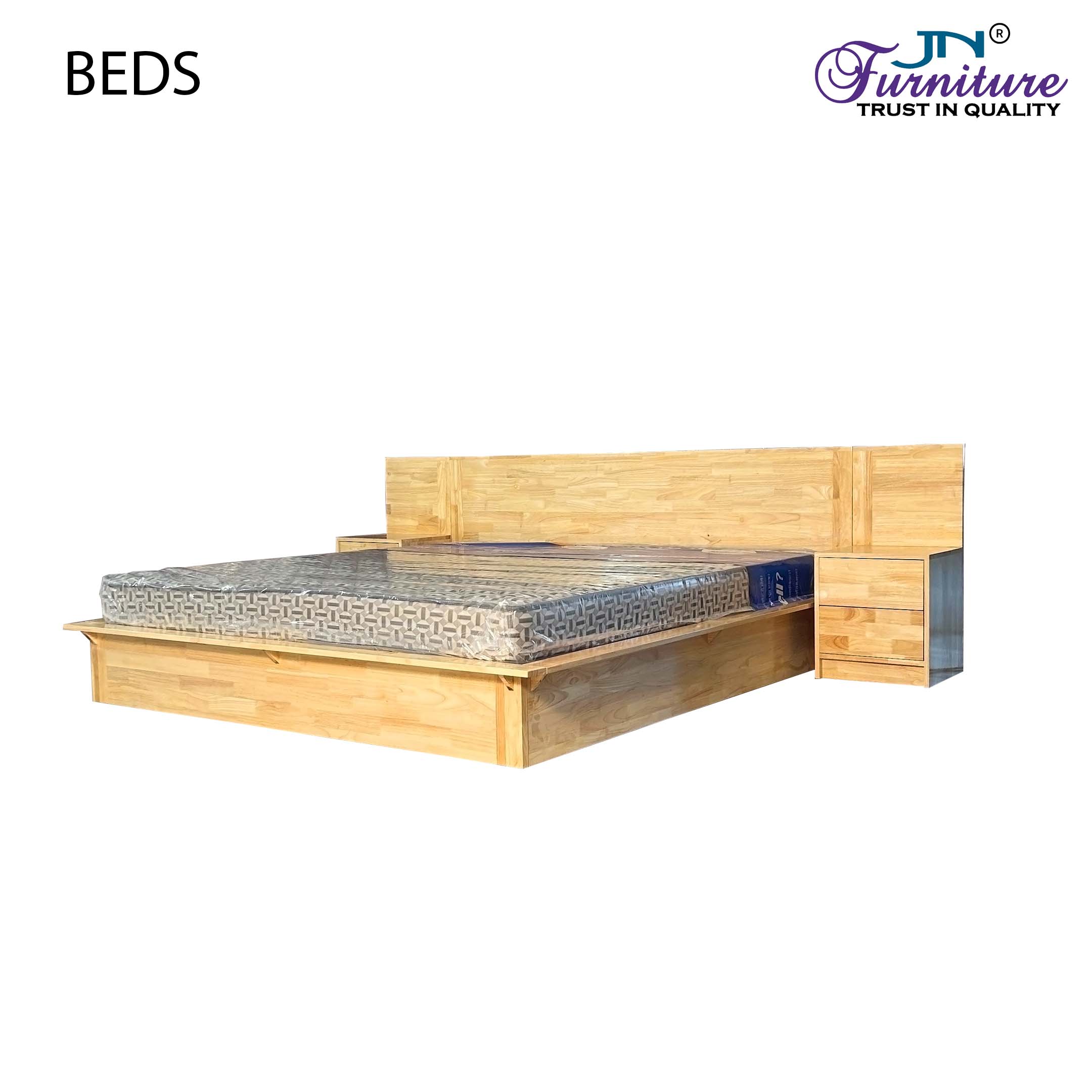 BD5 Lynor King Size Bed with Headrest & Dual Bed Side Table Rubberwood Natural - JN Furniture bed in Jaigaon