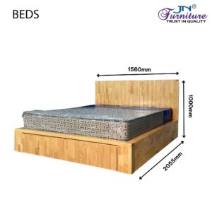 Elure Queen Size Bed with Headrest & Drawer Storage Rubberwood Natural - JN Furniture bed in Jaigaon