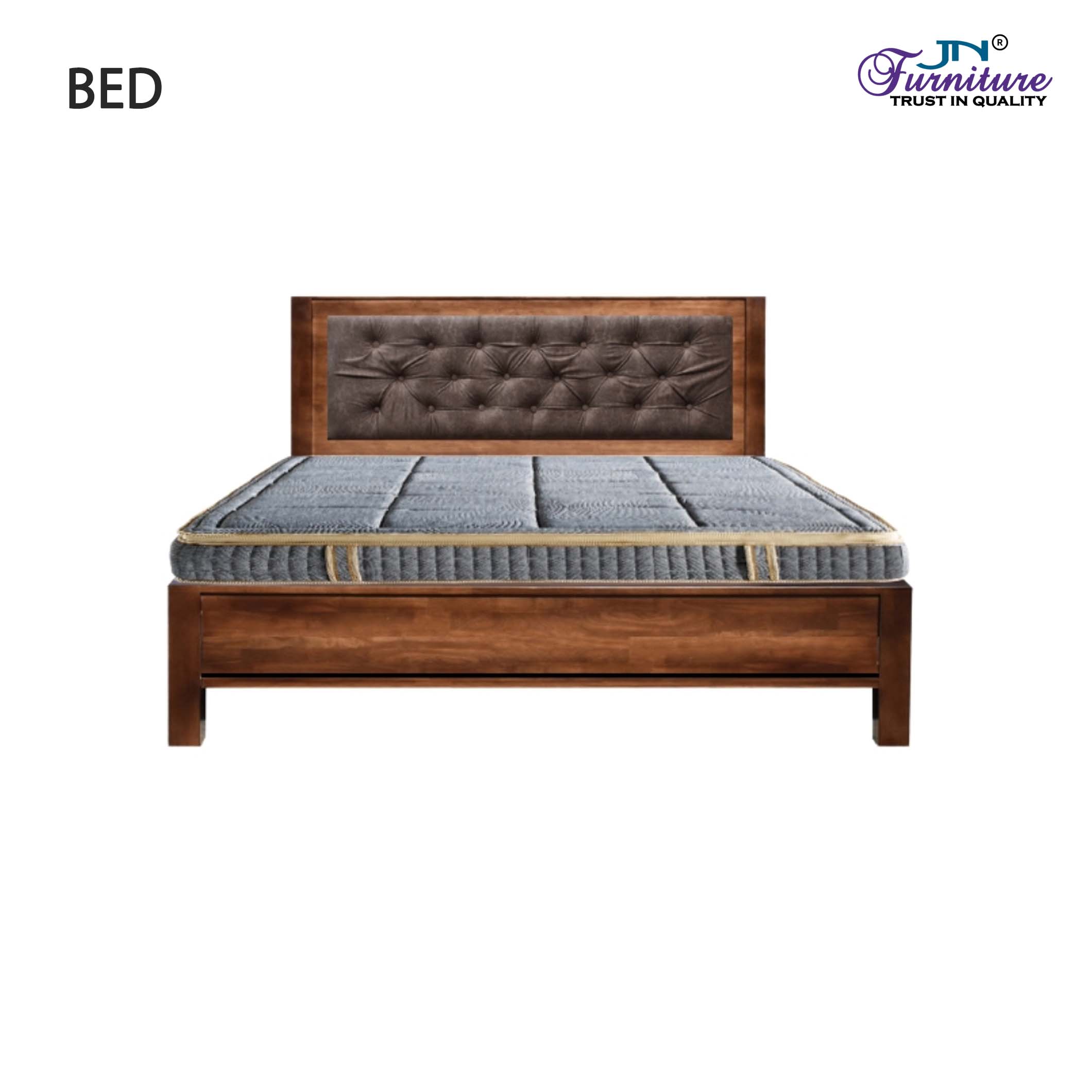 BD7 Svelte Queen Size Low Bed with Headrest Cushion Rubberwood Walnut - JN Furniture bed in Jaigaon