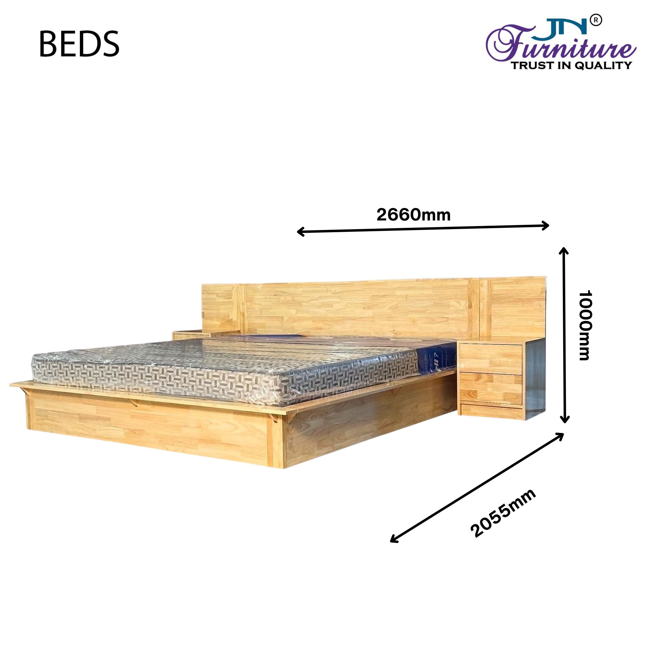 BD8 Lynor King Size Bed with Headrest & Dual Bed Side Table Rubberwood Natural - JN Furniture bed in Jaigaon