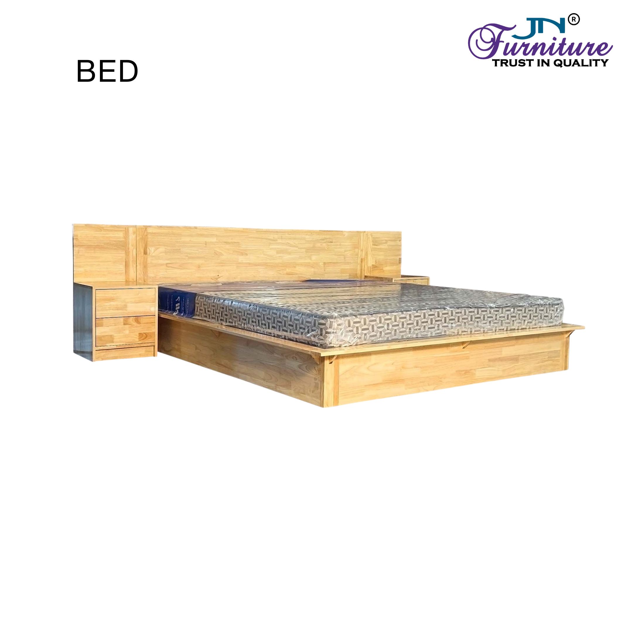 BD9 Lynor King Size Bed with Headrest & Dual Bed Side Table Rubberwood Natural - JN Furniture bed in Jaigaon