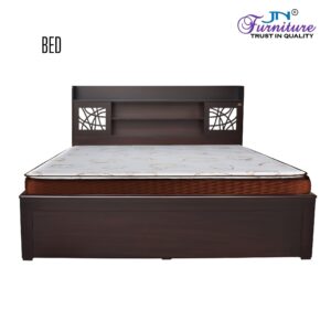 Liora Queen Size Box Bed Storage with Headrest Storage MDF Walnut Stained