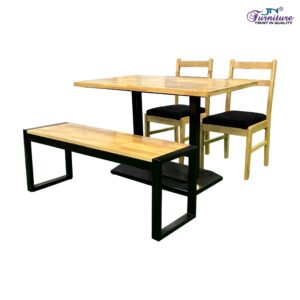 Zorik 4 Seater Dining Set with Bench Rubberwood Top and Metal Base Natural & Black