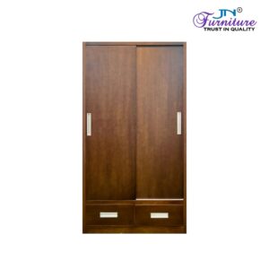 Hold 2-door sliding wardrobe with warm brown finish and hybrid storage for Bhutanese homes