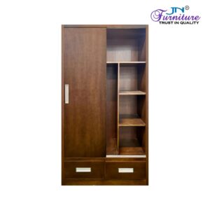 Hold wardrobe front view showing sliding door and open shelf section with base drawers