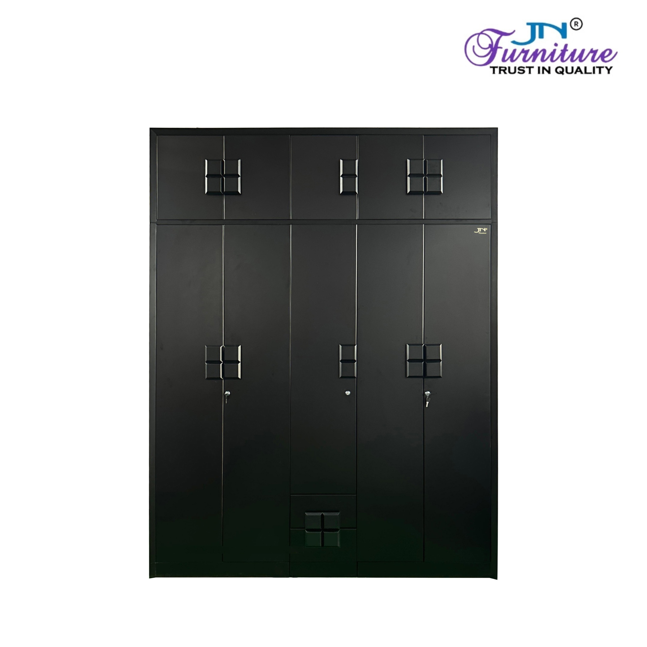 a (1) Trove wardrobe front view showing symmetrical 5-door configuration and contemporary design
