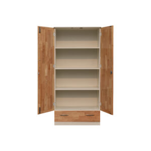 Reserve wardrobe interior showing open shelves, hidden hanging rod, and base drawers