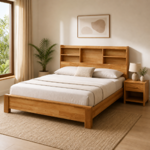 Vynce Queen Size Bed with Headrest Storage Rubberwood Natural - JN Furniture bed in Jaigaon