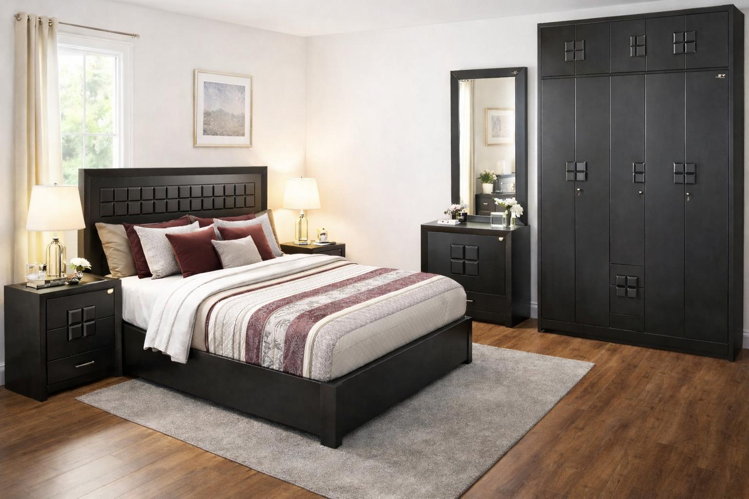 JN Signature Grid Bedroom Set – Signature Dark JN Signature Grid 5-piece king size hydraulic bedroom set in Signature Dark finish