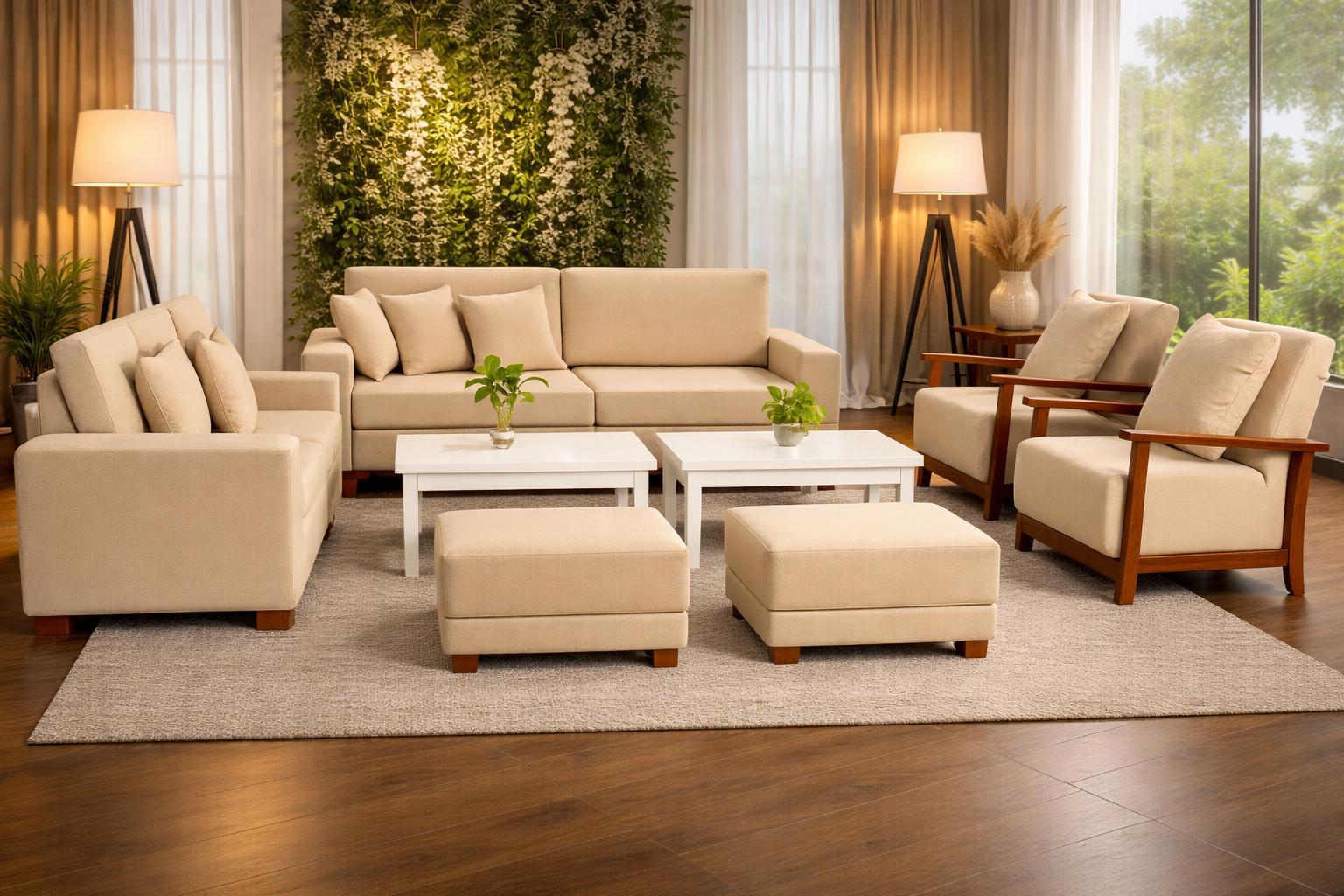 JN Furniture Serene Premium Cream Sofa Set JN Furniture Serene premium cream 3+2+1+1 sofa set in SAROM cotton-linen fabric