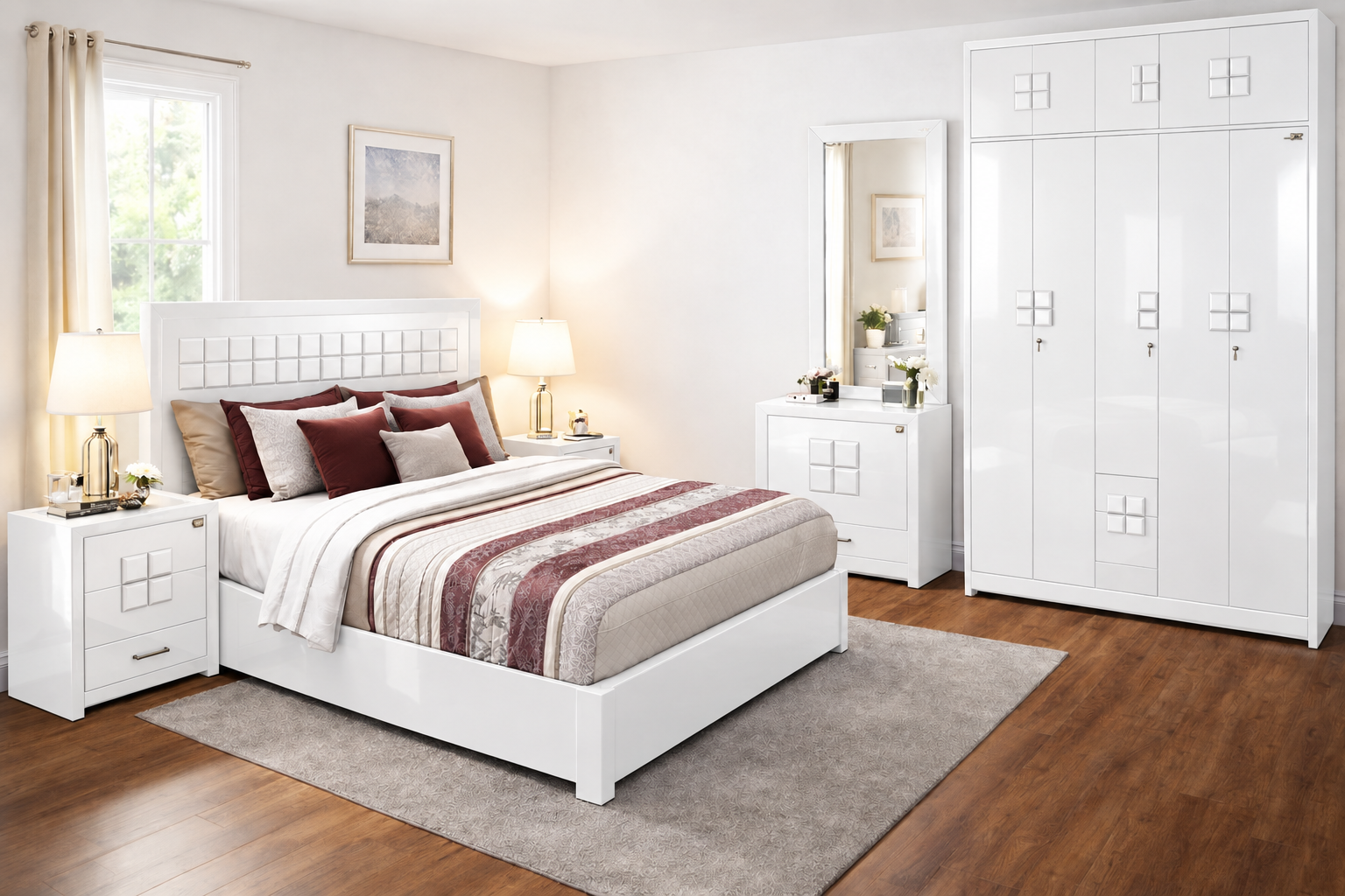 JN Signature Grid Bedroom Set – White Gloss JN Signature Grid 5-piece king size hydraulic bedroom set in White Gloss finish
